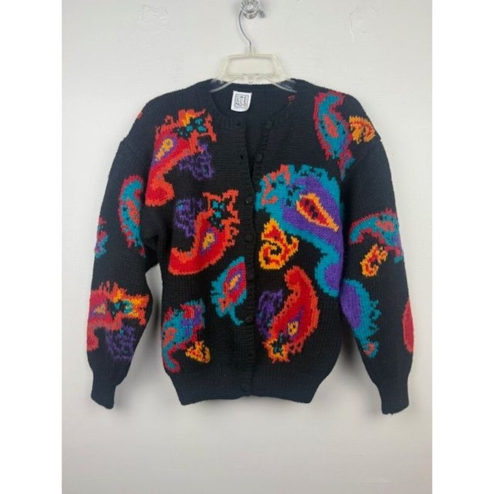 Vintage Crescendo Women's Multicolor Paisley Chunky Knit Cardigan Sweater